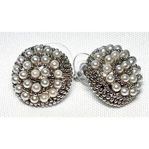 Vintage Style Pearl & Silver-Tone Dome Pierced Earrings 1 Inch Diameter